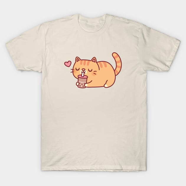 Cute Chubby Orange Tabby Cat Loves Boba Tea T-Shirt by rustydoodle